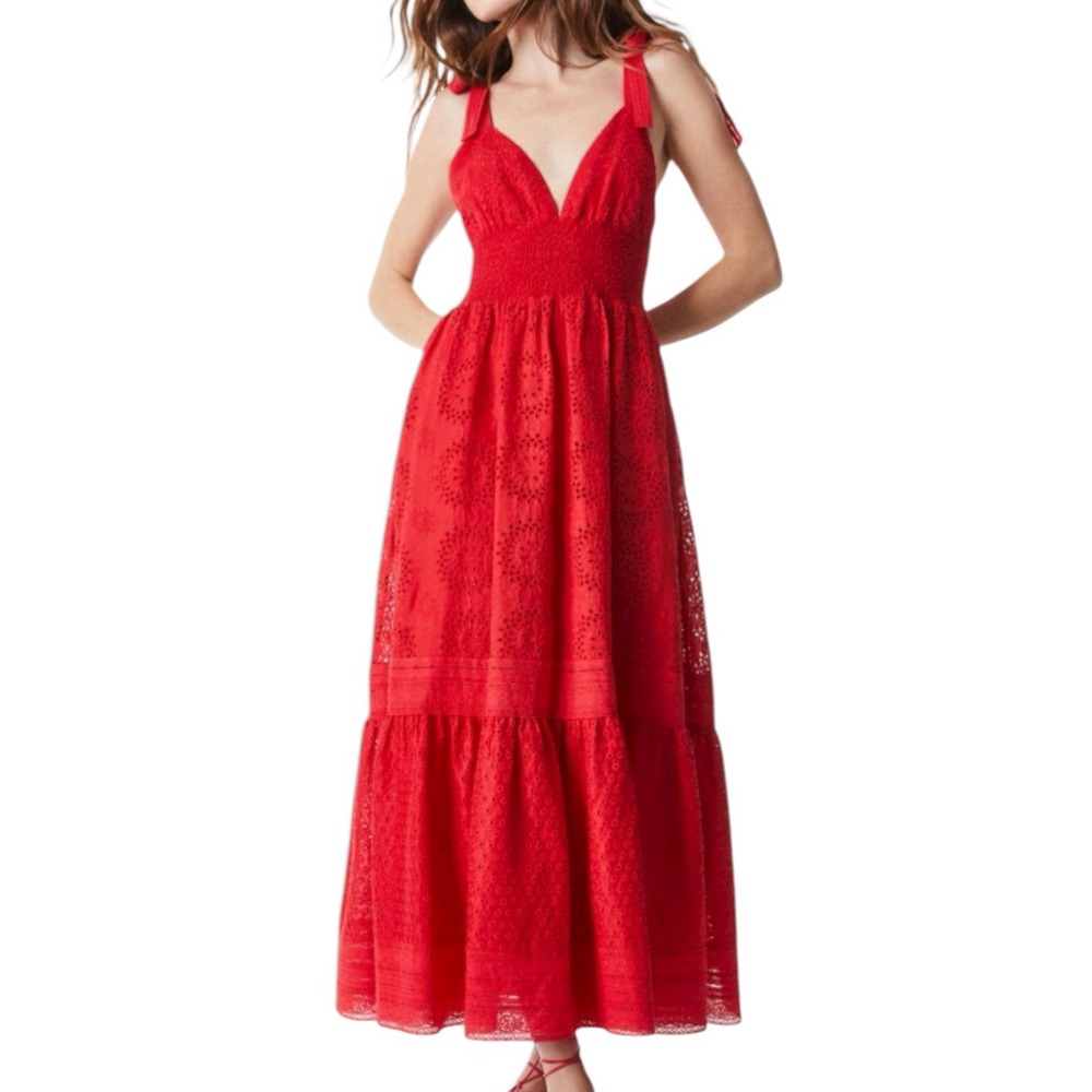 Alice + Olivia‎ Poppy Red Tiered Maxi Dress Size 12 Cotton Linen Eyelet